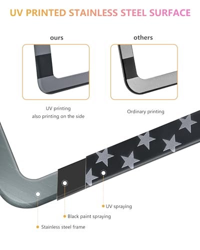GNSZSN American Flag License Plate Frames - 2 Pack Black Stainless Steel Patriotic USA Car Tag Frame with UV-Printed Flag & 3D Metal Decals - Image 4