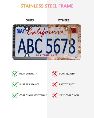GNSZSN American Flag License Plate Frames - 2 Pack Black Stainless Steel Patriotic USA Car Tag Frame with UV-Printed Flag & 3D Metal Decals - Image 3