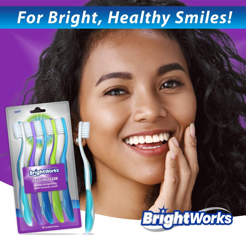 BrightWorks Dazzling Clean Manual Toothbrush (10 Pack), Soft, Bristles Designed to Clean in Between Teeth. Great for Sensitive Teeth or Sensory Issues (Multiple Colors). - Image 2