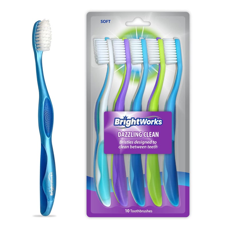 BrightWorks Dazzling Clean Manual Toothbrush (10 Pack), Soft, Bristles Designed to Clean in Between Teeth. Great for Sensitive Teeth or Sensory Issues (Multiple Colors). - Image 1