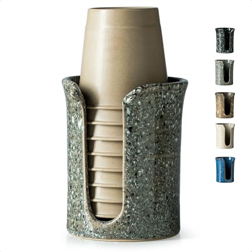 YHOJOY Ceramic Bathroom Cup Holder, Bathroom Cup Dispenser for Dixie Cups 3 Oz Bathroom Cups, Mouthwash Cup Dispenser Small Paper Cups Holder for Bathroom Vanity Countertop, Stoneware Design, Gray - Image 1