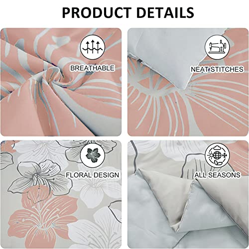 Luxudecor Floral Comforter Set Queen Size, Blush Pink Floral Pattern Printed on Light Grey, Soft Microfiber 7 Pieces Bed in a Bag (1 Comforter, 2 Pillow Shams, 1 Flat Sheet, 1 Fitted Sheet, 2 Pillowcases) - Image 5