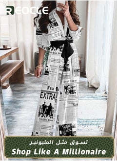 Dress Newspaper Print With Belt, Loose Mid-waist Temperament, Commuter Jumpsuit For Women, Lace-up Slim Shirt, Long Skirt, Party Swing
