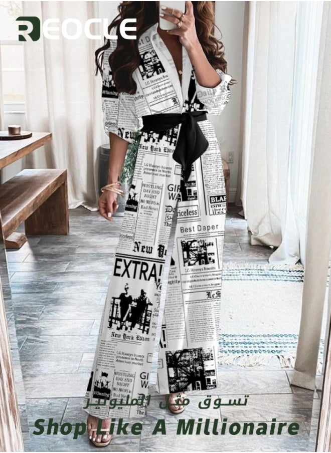 REOCLE - Dress Newspaper Print With Belt, Loose Mid-waist Temperament, Commuter Jumpsuit For Women, Lace-up Slim Shirt, Long Skirt, Party Swing - Image 1