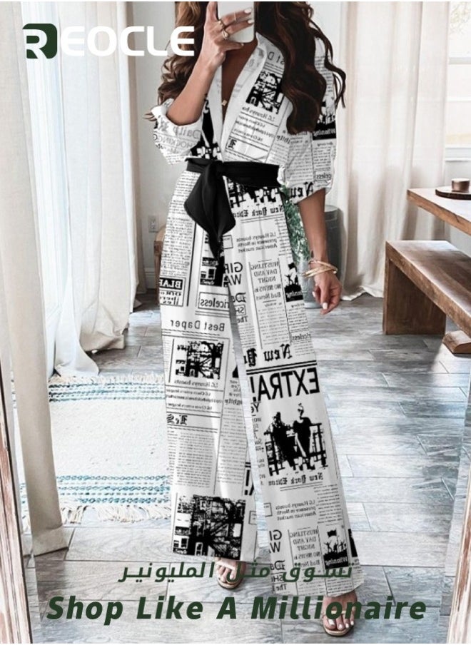 REOCLE - Dress Newspaper Print With Belt, Loose Mid-waist Temperament, Commuter Jumpsuit For Women, Lace-up Slim Shirt, Long Skirt, Party Swing - Image 1