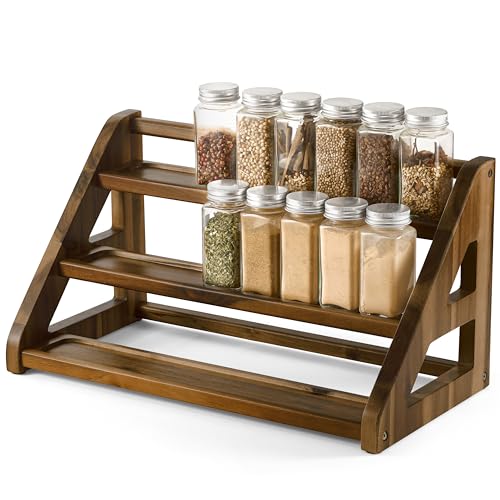 Tinamo Acacia Wood Spice Rack Wooden 3Tier Spice Rack Organizer for Countertop or Cabinet Kitchen Spice Organizer and Seasoning Organizer Shelf Walnut - Image 1