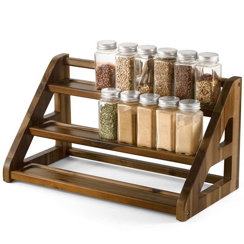Tinamo Acacia Wood Spice Rack Wooden 3Tier Spice Rack Organizer for Countertop or Cabinet Kitchen Spice Organizer and Seasoning Organizer Shelf Walnut - Image 2