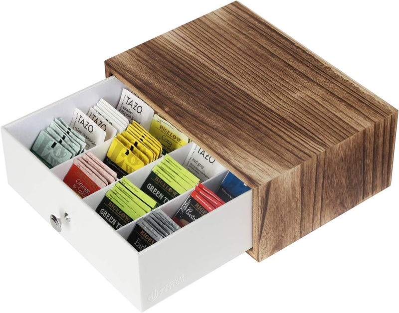 J JACKCUBE DESIGN Rustic Wood Tea Storage Box Tea Bag Organizer Stand Holder Drawer / 12 Adjustable Compartments and White Faux Leather Drawer/Acrylic Divider - :MK447C - Image 1