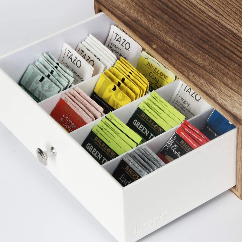 J JACKCUBE DESIGN Rustic Wood Tea Storage Box Tea Bag Organizer Stand Holder Drawer / 12 Adjustable Compartments and White Faux Leather Drawer/Acrylic Divider - :MK447C - Image 4