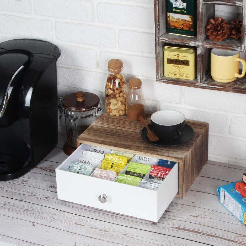 J JACKCUBE DESIGN Rustic Wood Tea Storage Box Tea Bag Organizer Stand Holder Drawer / 12 Adjustable Compartments and White Faux Leather Drawer/Acrylic Divider - :MK447C - Image 2