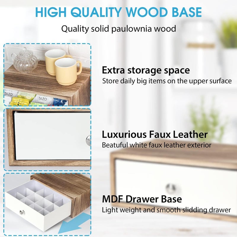 J JACKCUBE DESIGN Rustic Wood Tea Storage Box Tea Bag Organizer Stand Holder Drawer / 12 Adjustable Compartments and White Faux Leather Drawer/Acrylic Divider - :MK447C - Image 5