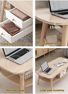 Occuwzz Oval Wooden Coffee Table in Modern Style Double Layered Open Storage with Drawers Coffee Table and Display 2 Layer Sofa Table Living Room Home Office  - Image 4