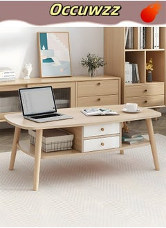 Occuwzz Oval Wooden Coffee Table in Modern Style Double Layered Open Storage with Drawers Coffee Table and Display 2 Layer Sofa Table Living Room Home Office  - Image 1