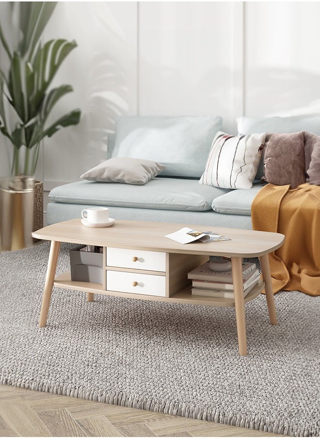 Occuwzz - Oval Wooden Coffee Table in Modern Style Double Layered Open Storage with Drawers Coffee Table and Display 2 Layer Sofa Table Living Room Home Office - Image 1