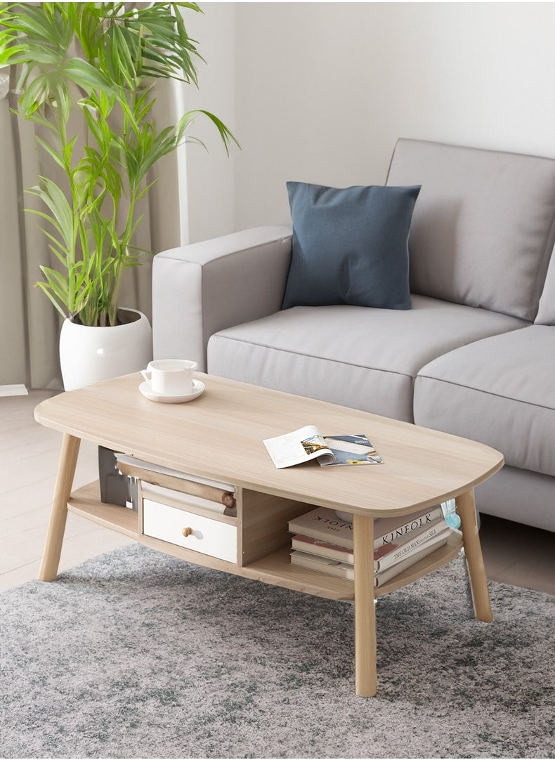 Occuwzz - Oval Wooden Coffee Table in Modern Style Double Layered Open Storage with Drawers Coffee Table and Display 2 Layer Sofa Table Living Room Home Office - Image 1