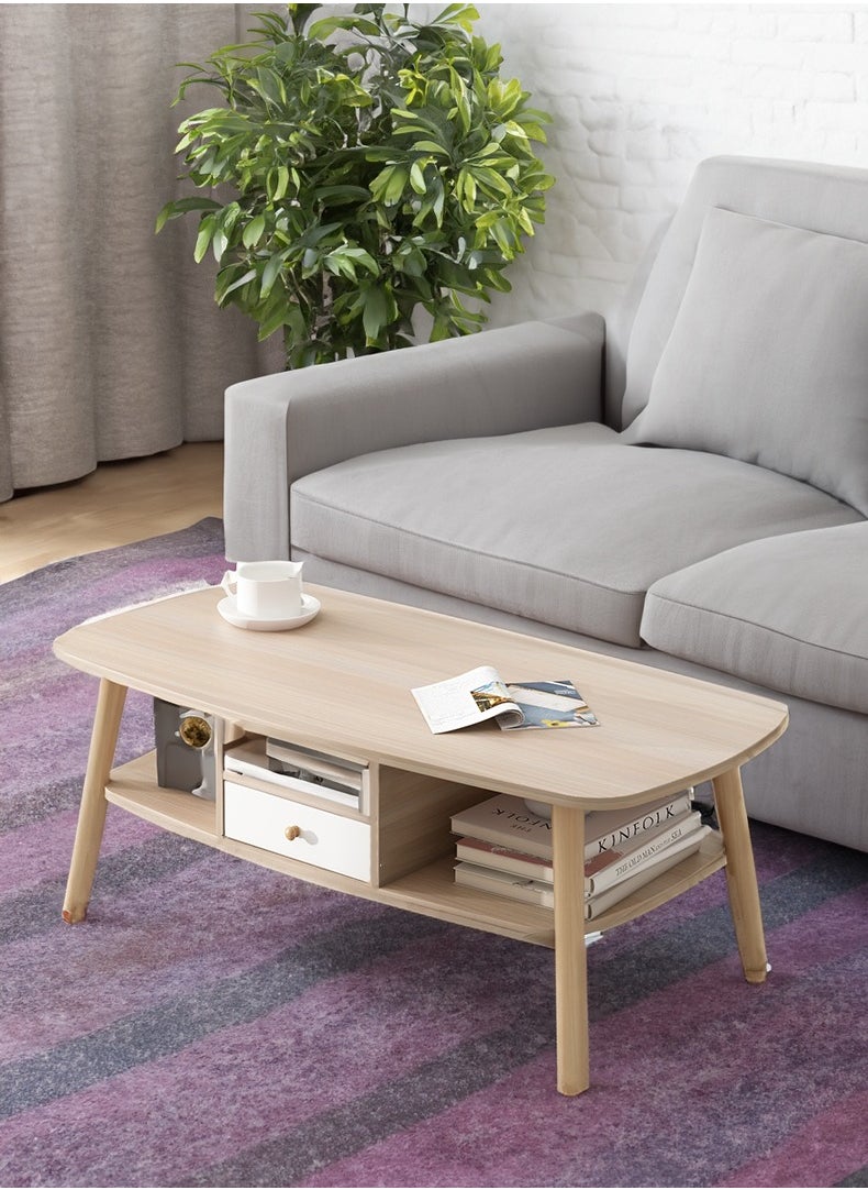 Occuwzz - Oval Wooden Coffee Table in Modern Style Double Layered Open Storage with Drawers Coffee Table and Display 2 Layer Sofa Table Living Room Home Office - Image 1