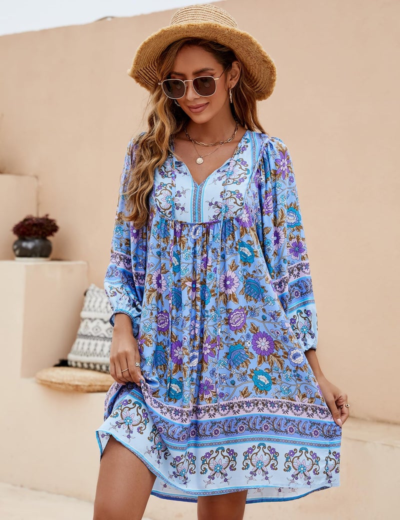 Bluetime Women Casual Summer Dress Boho V Neck 3/4 Sleeve Babydoll Floral Print Flowy Beach Dress (XL, Very Peri) - Image 3