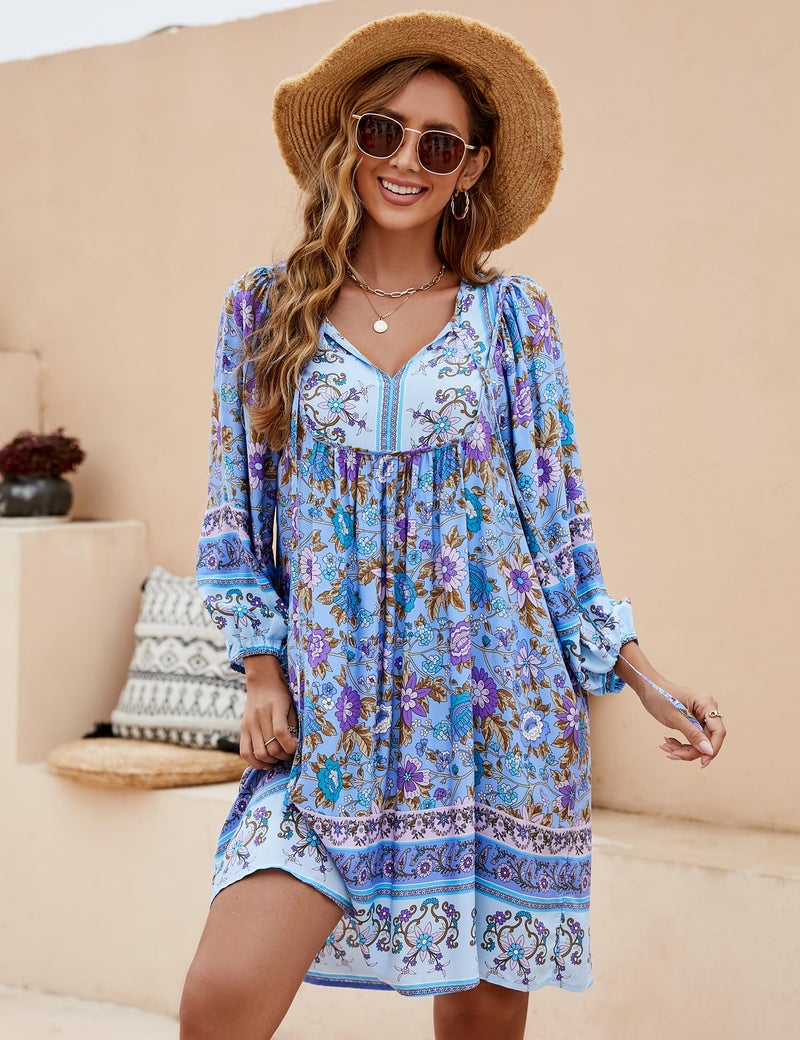 Bluetime Women Casual Summer Dress Boho V Neck 3/4 Sleeve Babydoll Floral Print Flowy Beach Dress (XL, Very Peri) - Image 4
