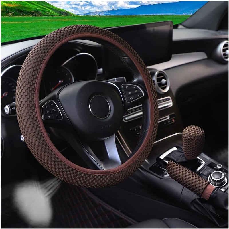 Bittwee 3PCS 15Inch Car Steering Wheel Cover Armrest Cover Gear Shift Cover Set, Microfiber Breathable Anti-Slip Automotive Steering Wheel Protector, Vehicle Interior Decor, Universal Fit（Coffee） Easy clean surface - Image 1