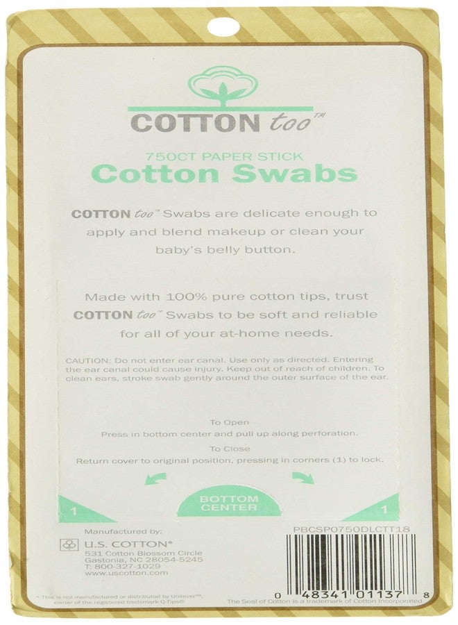 Cotton Too 750 Count Cotton Swabs With White Paper Stick, 2 Pack - Image 2