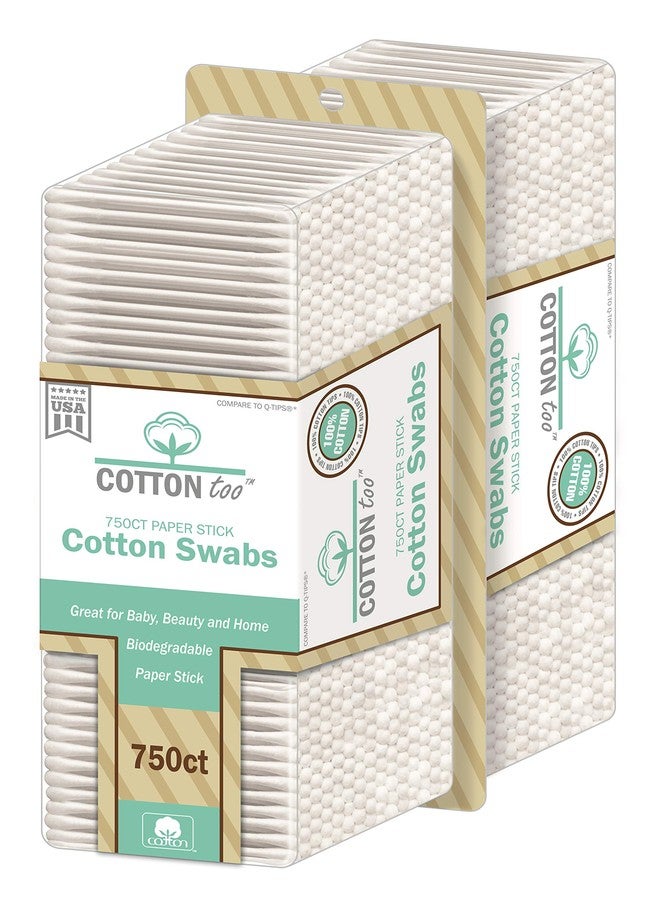 Cotton Too 750 Count Cotton Swabs With White Paper Stick, 2 Pack - Image 1