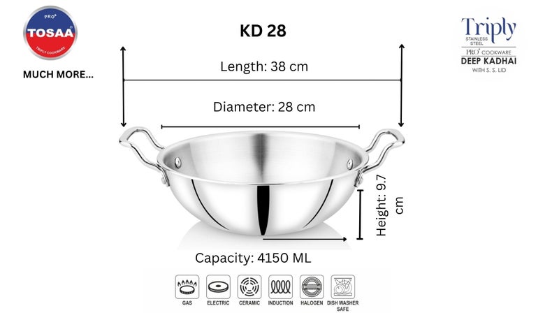 Tosaa Triply Stainless Steel 28 cm Kadai/Indian Wok|Even Heat Distribution| Consumes Less Oil|Easy to Clean|Gas Stove Compatible - 3550 ml - Image 3