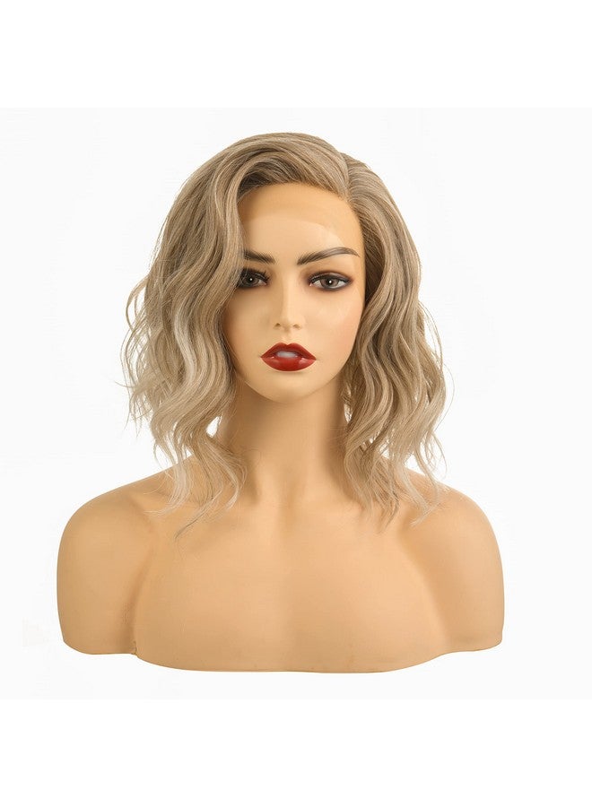Onedor Shoulder Length Lace Front Short Wavy Hair Bob Wigs for Women (Platinum Blonde Brown Ombre-PBB) - Image 1