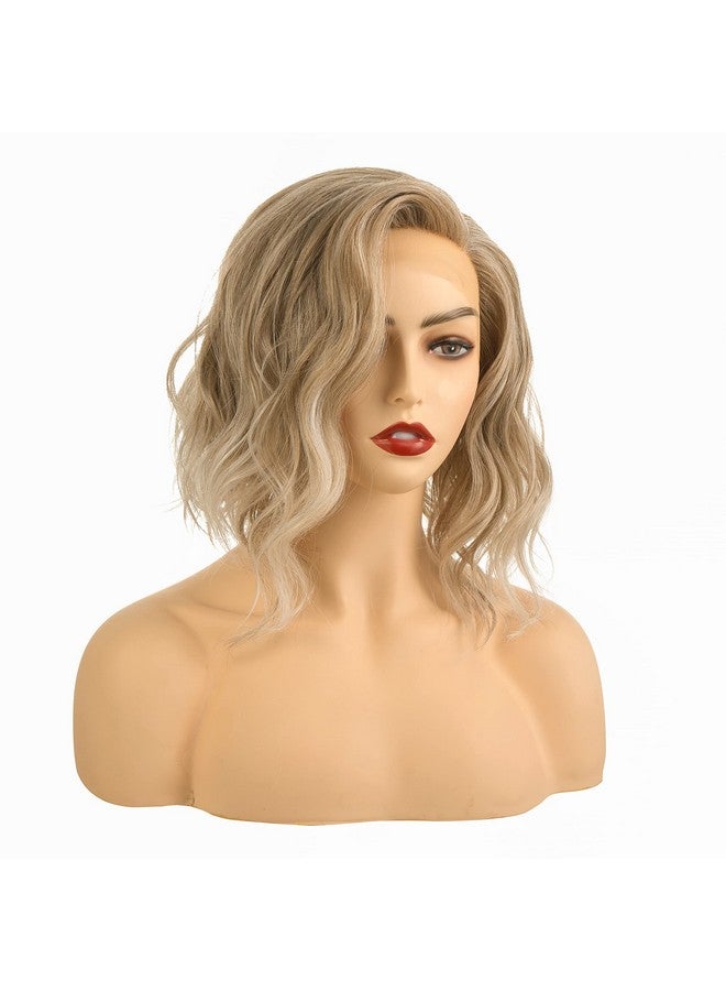 Onedor Shoulder Length Lace Front Short Wavy Hair Bob Wigs for Women (Platinum Blonde Brown Ombre-PBB) - Image 3