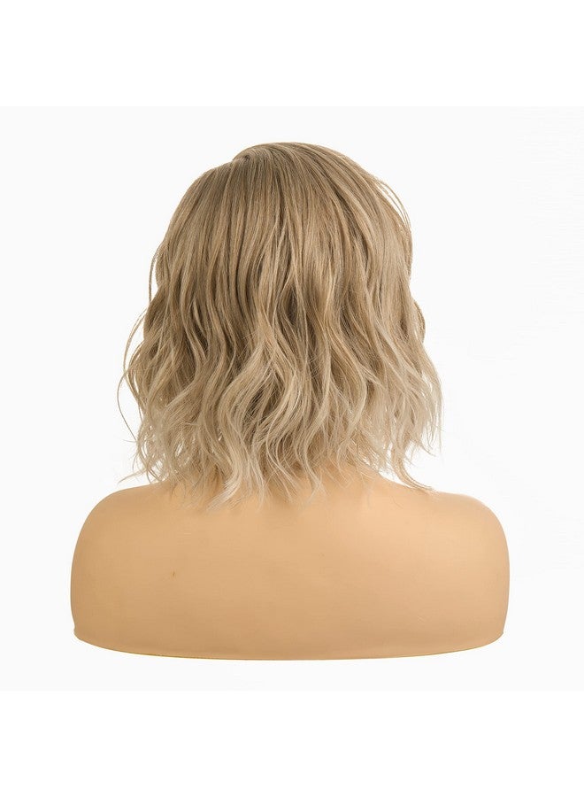 Onedor Shoulder Length Lace Front Short Wavy Hair Bob Wigs for Women (Platinum Blonde Brown Ombre-PBB) - Image 4