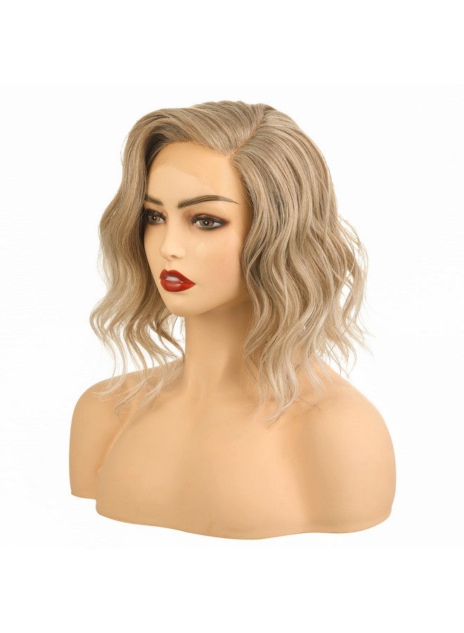 Onedor Shoulder Length Lace Front Short Wavy Hair Bob Wigs for Women (Platinum Blonde Brown Ombre-PBB) - Image 2