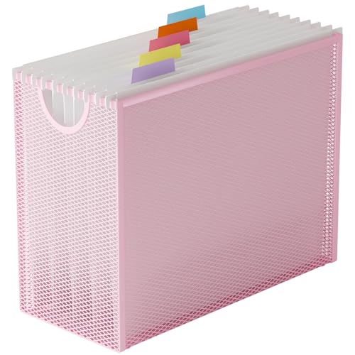 GoldOrcle Hanging File Organizer, Letter-Size File Holder Filing Box with 5 Hanging Folders, Metal Mesh Desk File Folder Storage(No Assembly Required) (Pink, with 5 Grey Folders) - Image 1