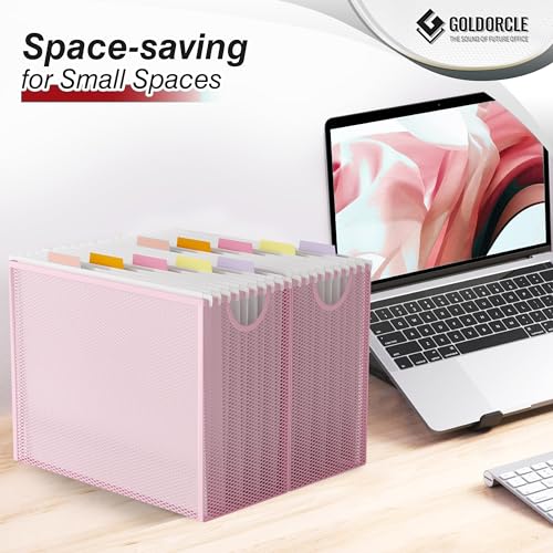 GoldOrcle Hanging File Organizer, Letter-Size File Holder Filing Box with 5 Hanging Folders, Metal Mesh Desk File Folder Storage(No Assembly Required) (Pink, with 5 Grey Folders) - Image 5
