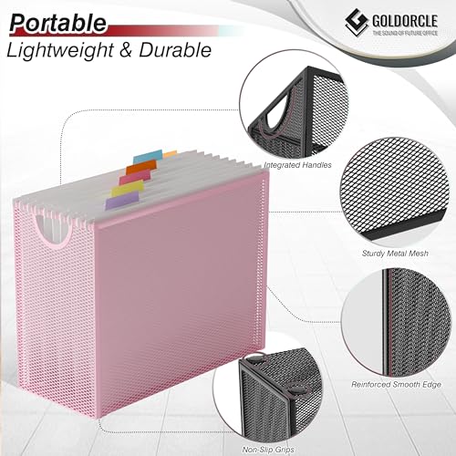 GoldOrcle Hanging File Organizer, Letter-Size File Holder Filing Box with 5 Hanging Folders, Metal Mesh Desk File Folder Storage(No Assembly Required) (Pink, with 5 Grey Folders) - Image 4