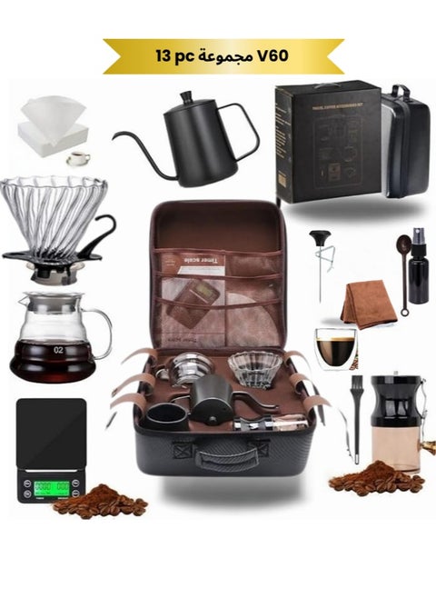 Doppio 13 Pcs V60 Premium Pour Over Manual Coffee Maker with Manual Grinder Dripper Set