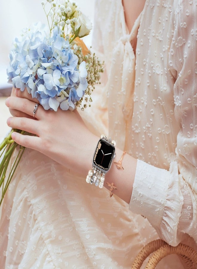 VISOOM Beaded Bracelet Compatible for Apple Watch Band 42mm/44mm/45mm/46mm Series 10 9 8 7 SE Series 6/5/4 Women Fashion Pearl Cute Handmade Stretchy Watch Strap for iWatch Bands Series 3/2/1 - Image 5