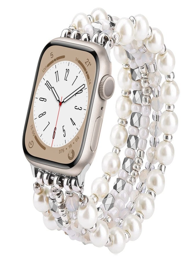 VISOOM Beaded Bracelet Compatible for Apple Watch Band 42mm/44mm/45mm/46mm Series 10 9 8 7 SE Series 6/5/4 Women Fashion Pearl Cute Handmade Stretchy Watch Strap for iWatch Bands Series 3/2/1 - Image 1