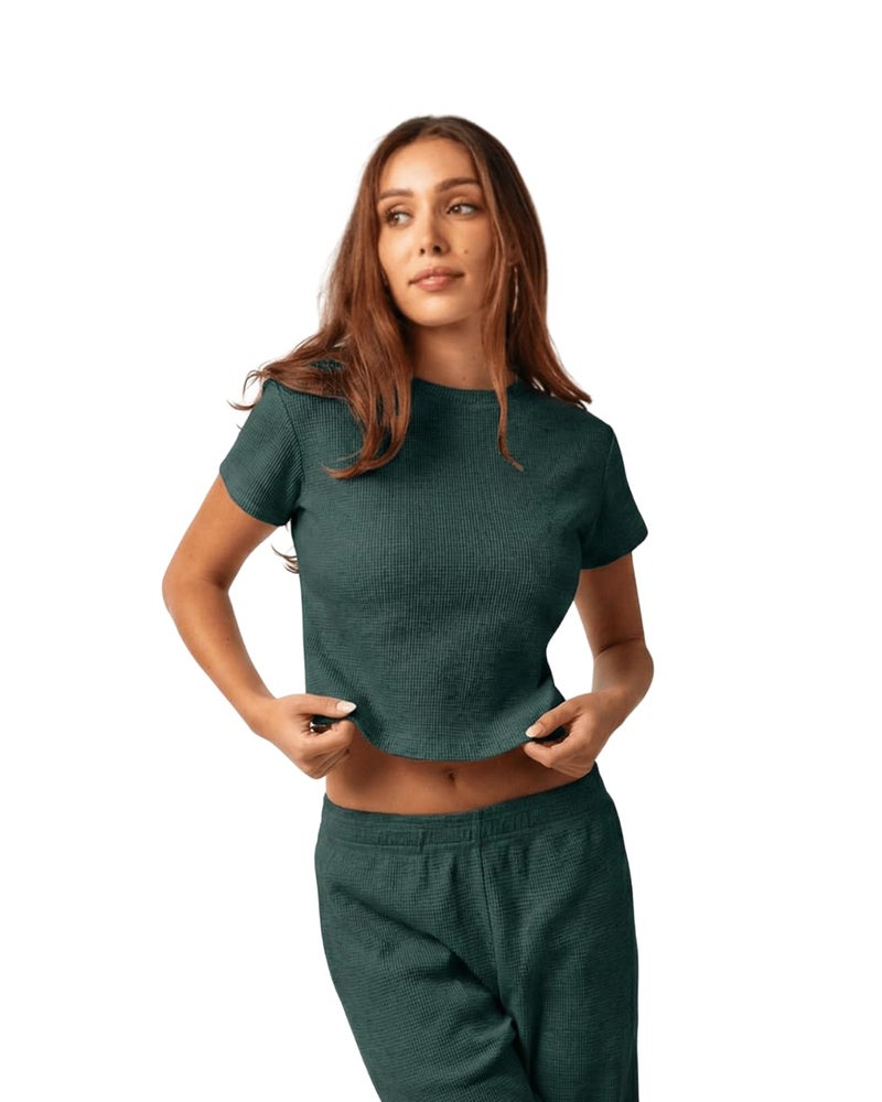 Almere Waffle Knit Lounge Set for Women Baby Tee and Sweatpants (Green, X Large) - Image 1