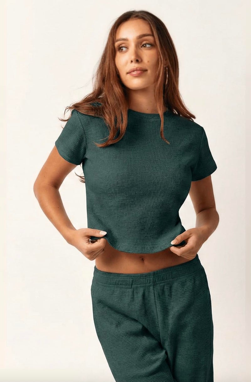 Almere Waffle Knit Lounge Set for Women Baby Tee and Sweatpants (Green, X Large) - Image 3