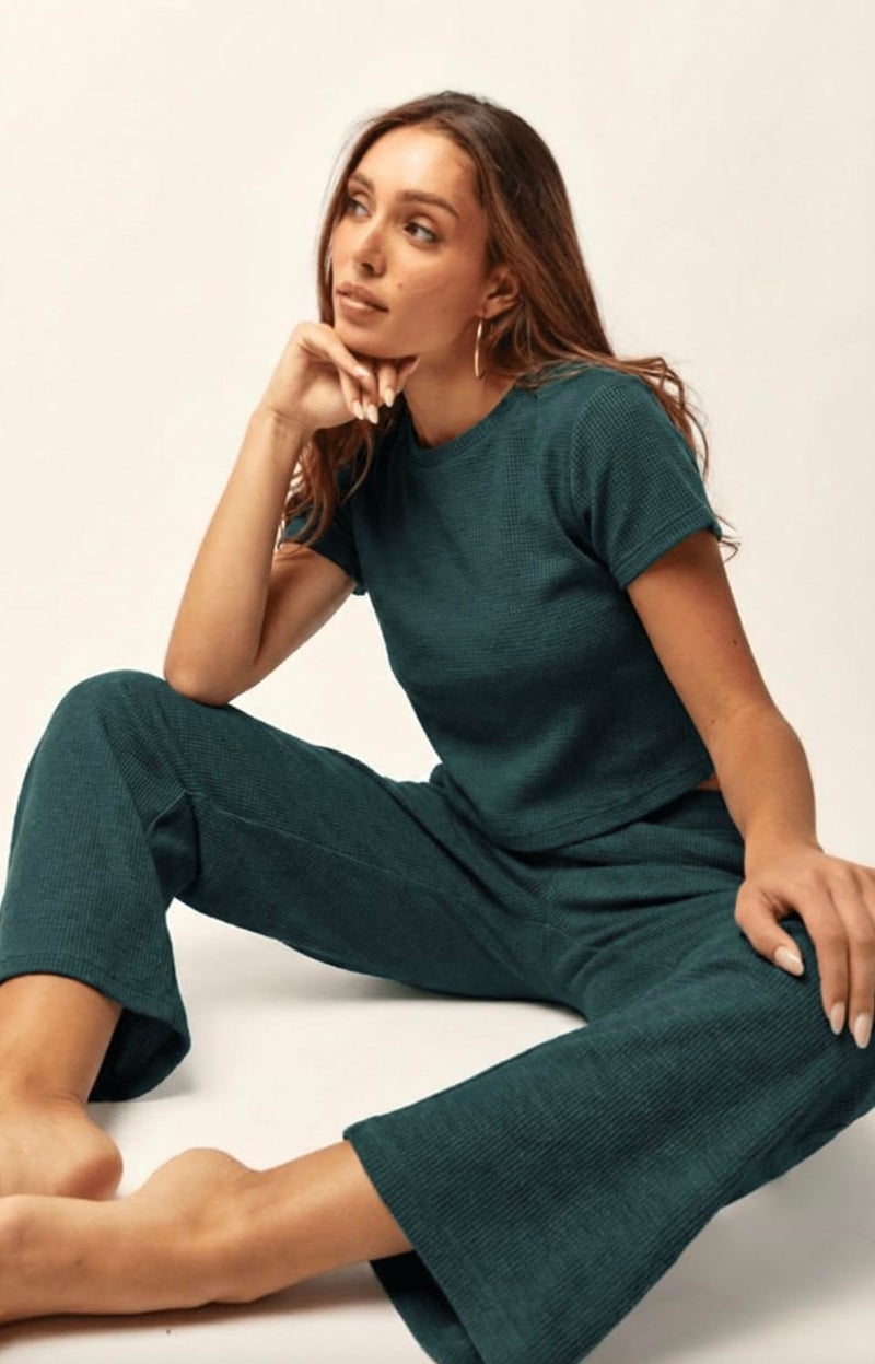 Almere Waffle Knit Lounge Set for Women Baby Tee and Sweatpants (Green, X Large) - Image 4