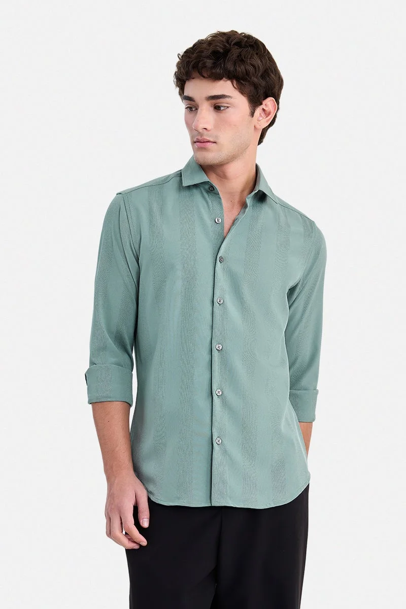 SNITCH Sage Green Textured Long Sleeve Slim Fit Shirt