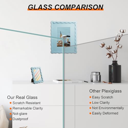 THKRLOF 11x14 Picture Frame with Mat for 8x10 Wavy Edge Wooden Real Glass Photo Frame for Wall Hanging Blue 1 Pack - Image 3