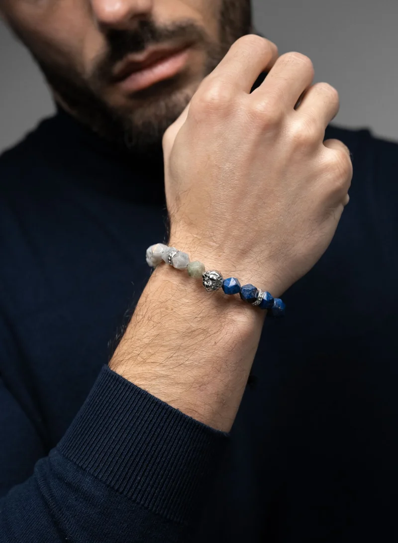 لونورا خرز اللازورد وحجر اللابرادوريت سوار خرز من الحجر الطبيعي مصنوع يدويًا – سوار للرجال، سوار رجالي، هدية للرجال، أساور للرجال – مع رأس أسد فضي، قابل للتعديل بمقاس واحد للجميع