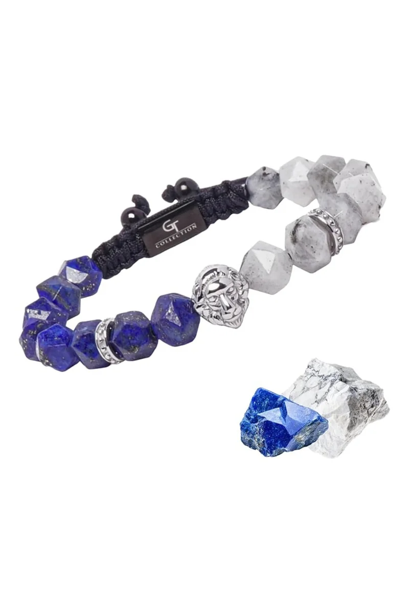 Lapis and Labradorite Beads Handmade Natural Stone Bead Bracelet – Bracelet for Men, Men’s Bracelet, Gifts for Men, Bracelets for Men – With Silver Lion Head, Adjustable One Size Fits All