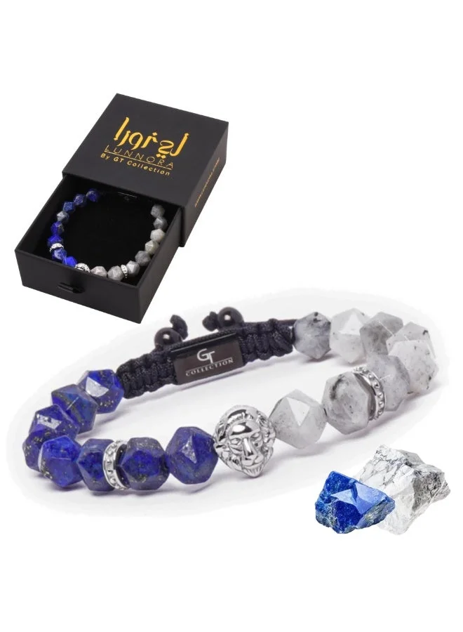 لونورا خرز اللازورد وحجر اللابرادوريت سوار خرز من الحجر الطبيعي مصنوع يدويًا – سوار للرجال، سوار رجالي، هدية للرجال، أساور للرجال – مع رأس أسد فضي، قابل للتعديل بمقاس واحد للجميع