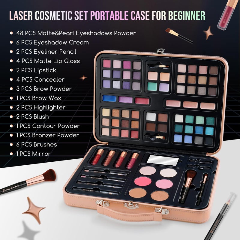 COLOR NYMPH Multipurpose Makeup Kits for Teens Girls, Travel Makeup Set Non-toxic, Makeup Gift for Women Teen, Eyeshadows Blushes Bronzer Highlighter Concealer Lipgloss Eyeliner Lipliner Brushes Gold Case - Image 2