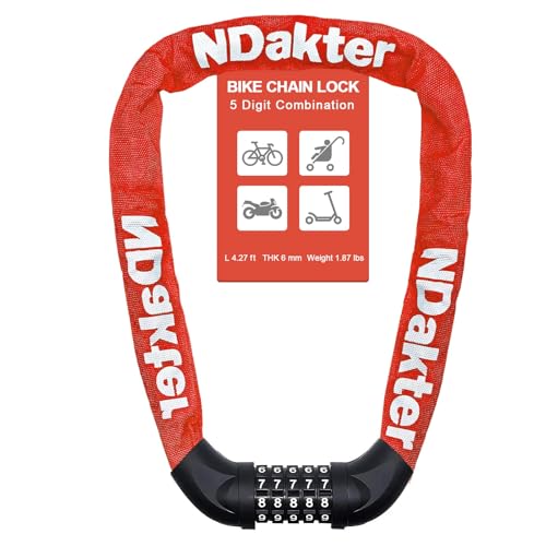 NDakter Bike Lock, 5 Digit Combination Heavy Duty Anti Theft Bicycle Chain Lock, 2.62/3.2/4.27/5/6Ft Long, High Security Resettable, Suitable for Bike, Scooter, Door, Gate, Fence-4/6mm Thick - Image 1