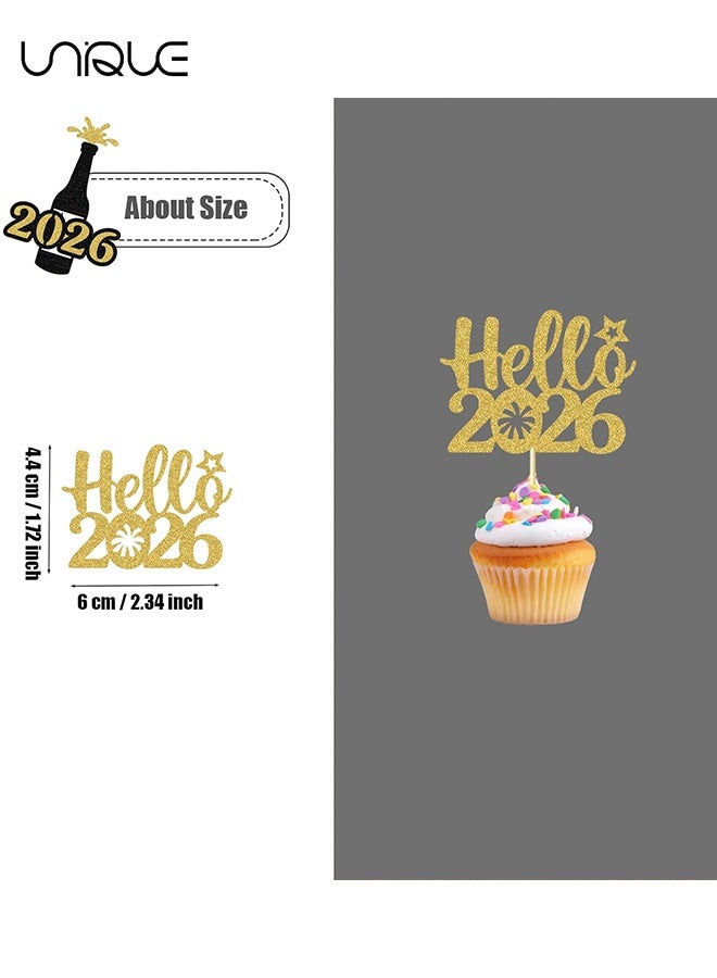 يونيك تزيينات كب كيك رأس السنة - 24 قطعة اختيار كب كيك مرحبًا 2026 بتصميم أسود وذهبي بلمعان وألعاب نارية تحية لعام 2026 ديكورات كعك للعطلات الشتوية وحفلات ليلة رأس السنة - Image 2