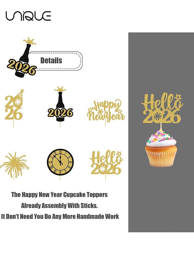 يونيك تزيينات كب كيك رأس السنة - 24 قطعة اختيار كب كيك مرحبًا 2026 بتصميم أسود وذهبي بلمعان وألعاب نارية تحية لعام 2026 ديكورات كعك للعطلات الشتوية وحفلات ليلة رأس السنة - Image 3