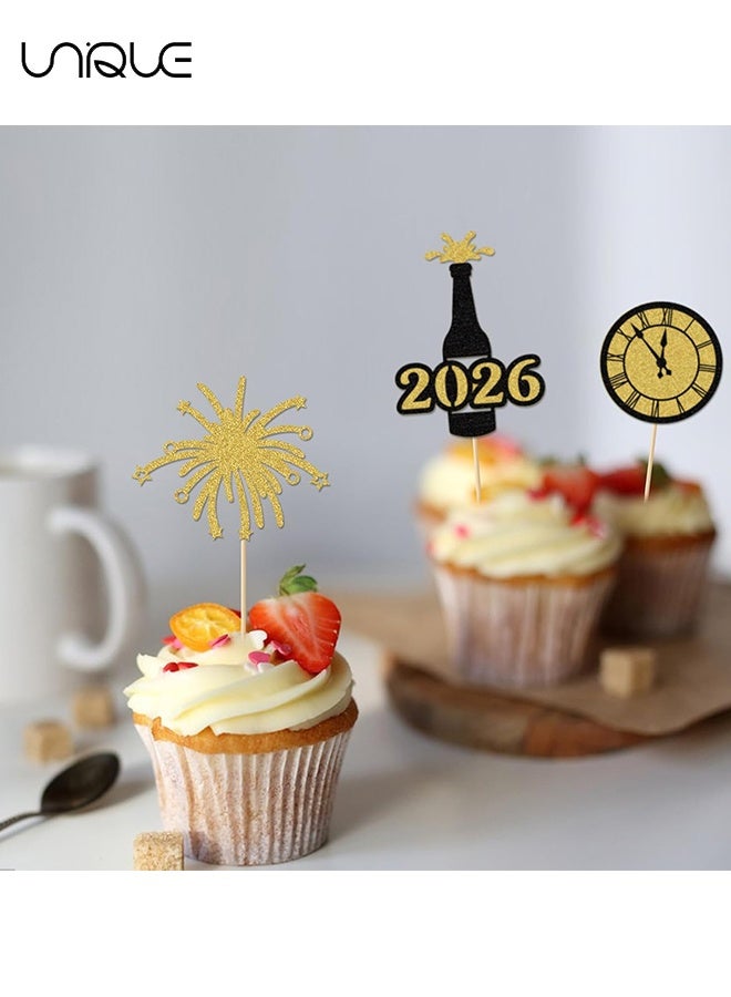 يونيك تزيينات كب كيك رأس السنة - 24 قطعة اختيار كب كيك مرحبًا 2026 بتصميم أسود وذهبي بلمعان وألعاب نارية تحية لعام 2026 ديكورات كعك للعطلات الشتوية وحفلات ليلة رأس السنة - Image 5