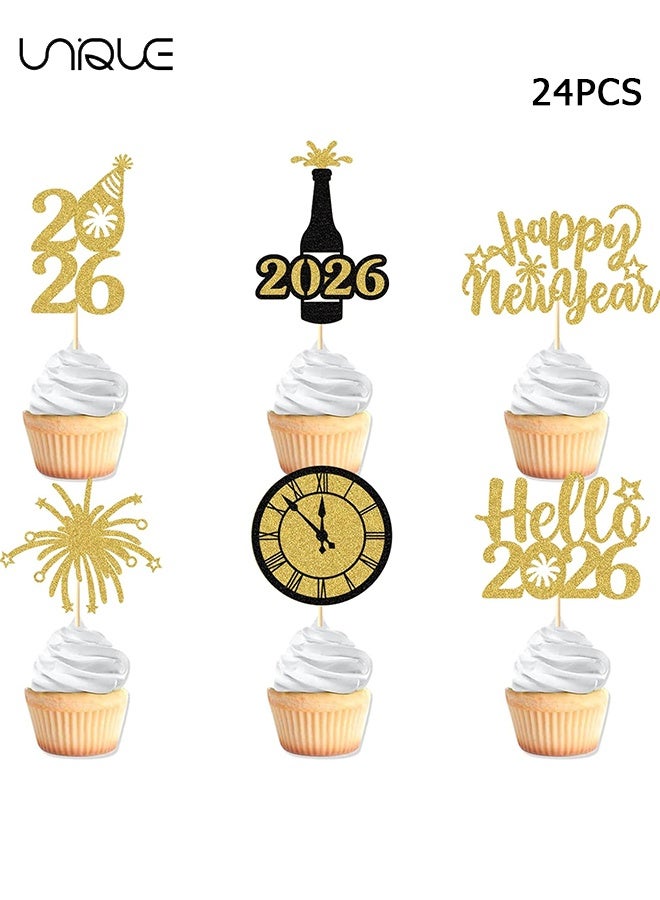 يونيك تزيينات كب كيك رأس السنة - 24 قطعة اختيار كب كيك مرحبًا 2026 بتصميم أسود وذهبي بلمعان وألعاب نارية تحية لعام 2026 ديكورات كعك للعطلات الشتوية وحفلات ليلة رأس السنة - Image 1